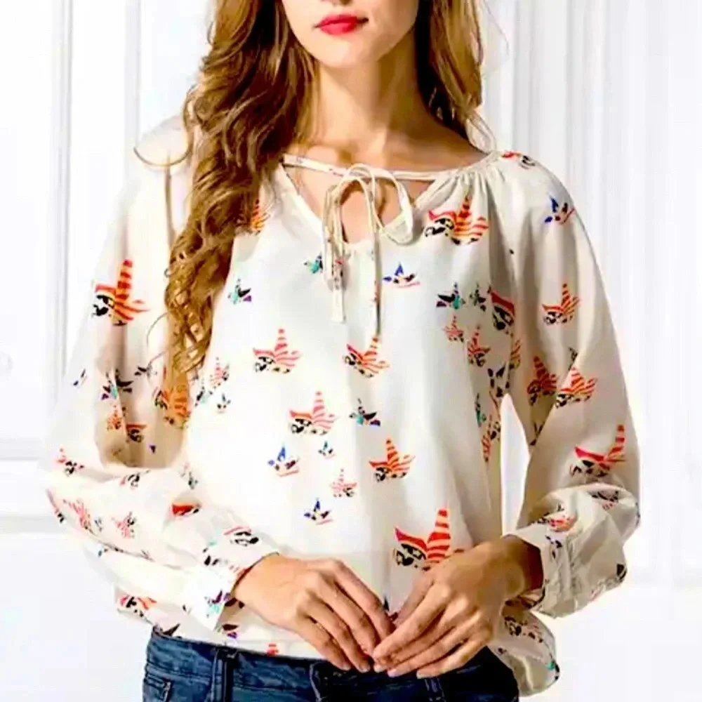 Colorful Bird Blouse Boho Cottagecore Americana Patriotic XXL Chiffon Tie Neck